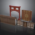 Traditional Chinese Architecture Elements Featuring Red Wooden Frame Carved Doors And Windows