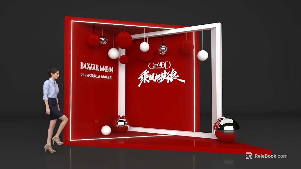 Oriental Express Themed Photo Check-in Spot With Red Frame And Hanging Balls Decoration 3d model 