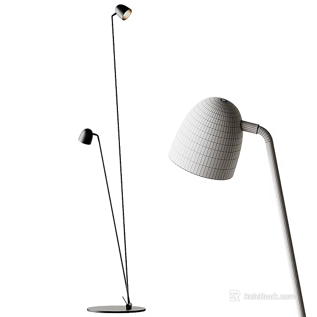Modern Floor Lamp With Curved Stand And Grid Pattern Shade For Interior Design 3d model