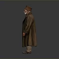 Elderly Man in Brown Long Coat with Hat Tie Belt and Boots Against Gray Background