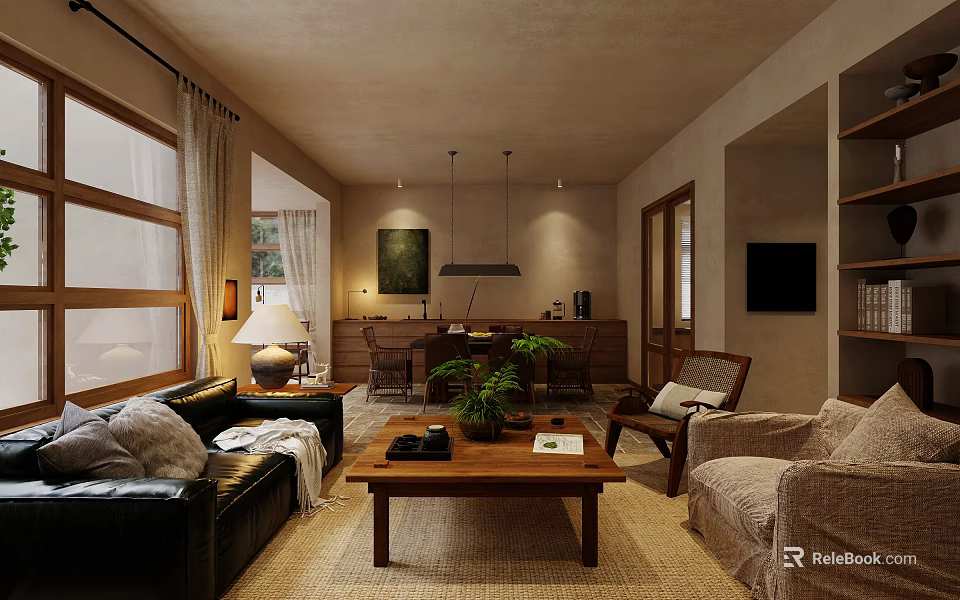 Cozy Warm Open Plan Living And Dining Room With Natural Wooden Furniture And Plant Decor 3d model 