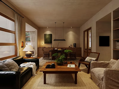Cozy Warm Open Plan Living And Dining Room With Natural Wooden Furniture And Plant Decor 3d model