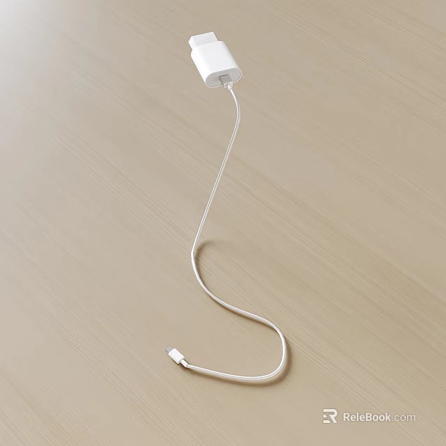 White Mobile Phone Charger With Long Data Cable And USB Connector On Light Wood Desktop 3d model 