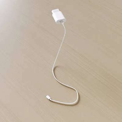 White Mobile Phone Charger With Long Data Cable And USB Connector On Light Wood Desktop 3d model