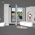 Modern Bathroom Interior with Large Window Scenic View Bathtub Toilet Shelves Rug and Plant