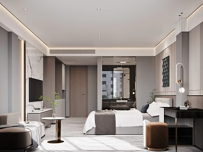 Elegant Modern Hotel Room Interior With King Bed Sofa Mirror And Soft Lighting 3d model