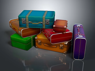 Colorful Vintage Suitcases With Leather Straps And Metal Buckles Stacked 3d model