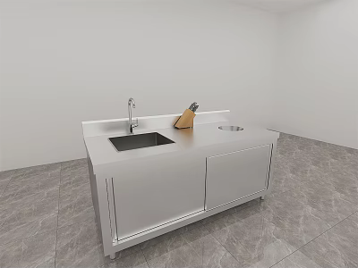 Commercial Kitchen Equipment with Stainless Steel Countertop Sink Faucet Knife Holder and Cabinets 3d model