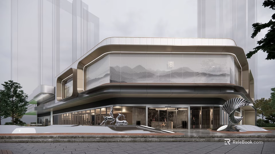 Modern Light Luxury Sales Office Building With Glass Curtain Wall Landscape Pattern And Plaza Sculptures 3d model 