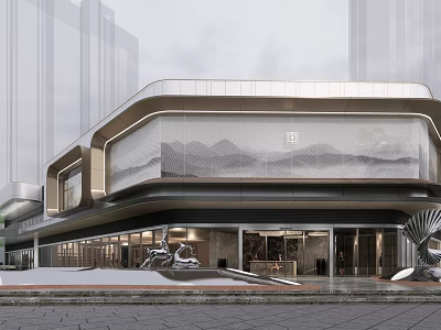 Modern Light Luxury Sales Office Building With Glass Curtain Wall Landscape Pattern And Plaza Sculptures 3d model