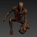 Skinny Monster Character With Exposed Ribs Skeletal Body Holding Skull On Dark Background