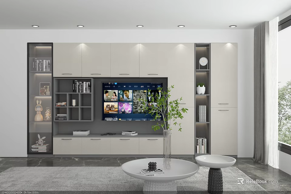 Modern TV Wall Unit with White Storage Cabinets Drawers Built-in TV and Green Plant Decor 3d model 