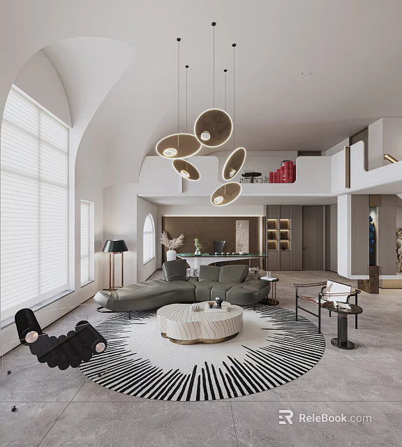 Modern Loft Living Room Interior With Curved Sofa And Circular Lights 3d model 