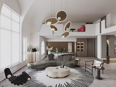 Modern Loft Living Room Interior With Curved Sofa And Circular Lights 3d model