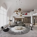 Modern Loft Living Room Interior With Curved Sofa And Circular Lights