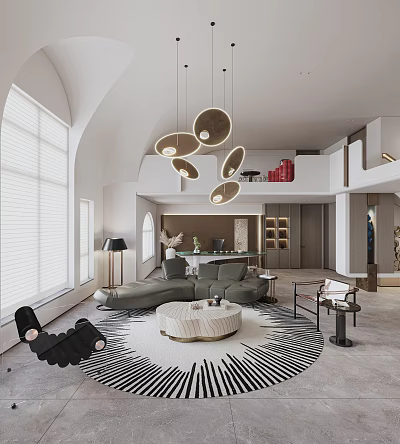 Modern Loft Living Room Interior With Curved Sofa And Circular Lights 3d model