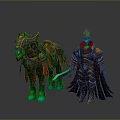 Armored Warrior With Green Crown Holding Sword And Mythical Horse With Decorative Saddle