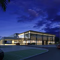 Modern Industrial Plant Night View Featuring Glass Curtain Walls And Surrounding Vehicles