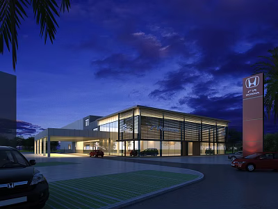 Modern Industrial Plant Night View Featuring Glass Curtain Walls And Surrounding Vehicles 3d model