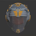 Futuristic Sci Fi Character Helmet With Mechanical Side Gears Orange Yellow Accents And Metallic Texture