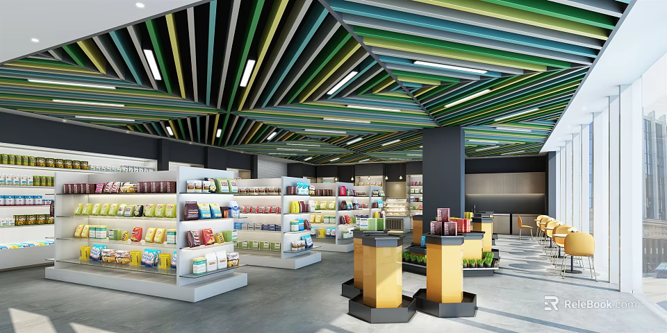 Vibrant Supermarket Interior With Colorful Striped Ceiling And Shelves Filled With Various Products 3d model 