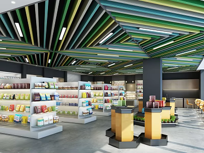 Vibrant Supermarket Interior With Colorful Striped Ceiling And Shelves Filled With Various Products 3d model