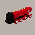 Hand Carved Wooden Toy Train Sculpture with Red Black Body Yellow Chimney Caps and Silver Wheels