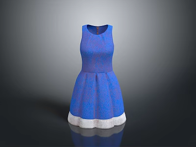 Blue Sleeveless Simple Elegant Dress With Textured Fabric And White Trim At Hem 3d model