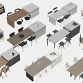 Various Modern Office Desks With Wooden Tops Metal Frames And Matching Chairs