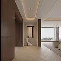 Modern Minimalist Entryway Hallway With Wooden Paneling Herringbone Flooring And White Console Table