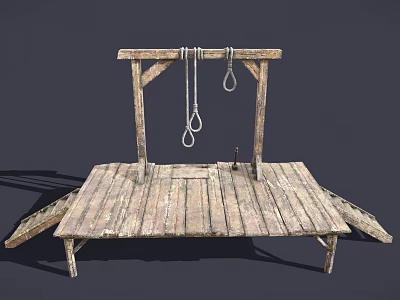Medieval Wooden Gallows Platform With Hanging Ropes And Metal Hooks 3d model