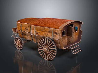 Vintage Wooden Carriage With Brown Roof Large Wheels Ladder Small Windows And Door 3d model