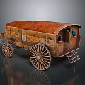 Vintage Wooden Carriage With Brown Roof Large Wheels Ladder Small Windows And Door