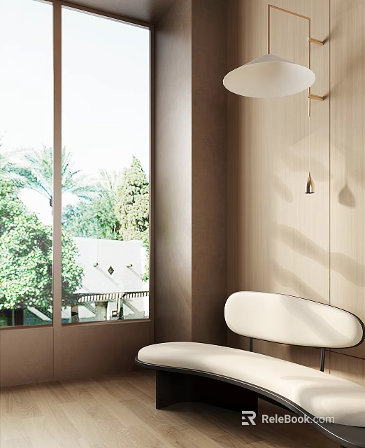 Unique Shaped Sofa In Cozy Space By Window With Greenery View 3d model 
