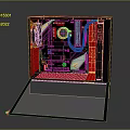 Modern Open Design PC Case With Red And Black Internal Components And Cooling Fan