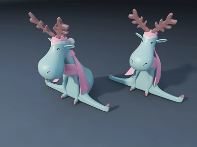 Two Blue Reindeer Shaped Dolls With Pink Antlers And Scarves In Sitting Posture 3d model