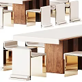Modern Dining Table Set With White Tabletop Walnut Wood Frame And Upholstered Gold Leg Chairs