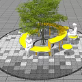 Yellow Round Outdoor Table Chair Set With Central Tree And Patterned Tile 3d model