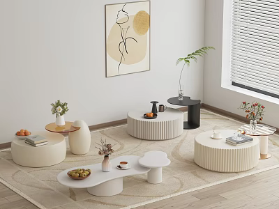 Modern Coffee Tables Arrangement With Rug Vases Fruits And Books In Living Room 3d model