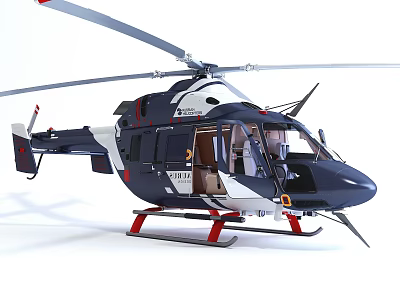 Blue And White Helicopter With Rotor Landing Gear And Open Cabin Design 3d model