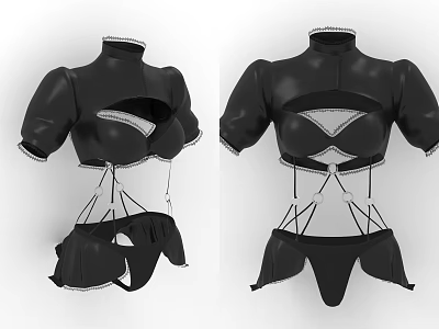 Black Cropped Top And Shorts Two Piece Outfit With Cutout Design And Stitched Details 3d model
