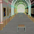 Art Gallery Corridor Interior With Colorful Paintings On Walls Wooden Benches And Red Ropes