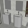 Modern Bathroom Interior With White Pedestal Sinks Backlit Mirrors Gray Walls And Decorative Plant