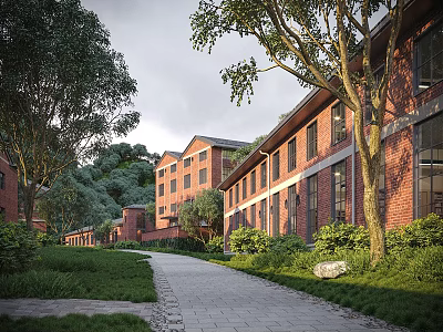 Red Brick Industrial Building With Large Windows Green Trees And Scenic Pathway 3d model