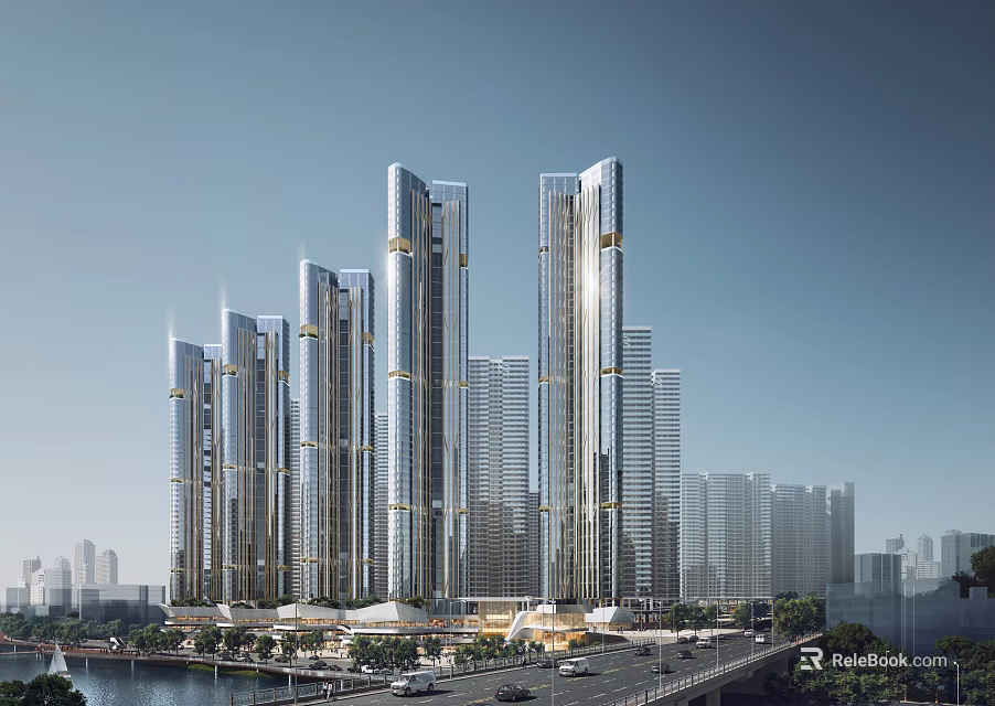 Modern High Rise Office Buildings With Glass Curtain Walls Overlooking Urban Landscape River And Road 3d model 
