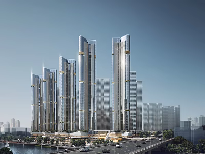 Modern High Rise Office Buildings With Glass Curtain Walls Overlooking Urban Landscape River And Road 3d model