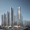 Modern High Rise Office Buildings With Glass Curtain Walls Overlooking Urban Landscape River And Road