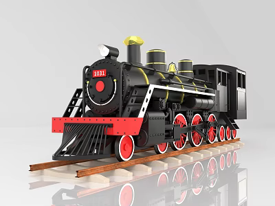 Vintage Steam Train Model Black With Red Wheels Yellow Top On Wooden Tracks 3d model