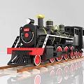 Vintage Steam Train Model Black With Red Wheels Yellow Top On Wooden Tracks