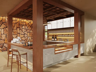Modern Café Interior Design With Stone Wall Wooden Structure And Bar Counter Stools 3d model
